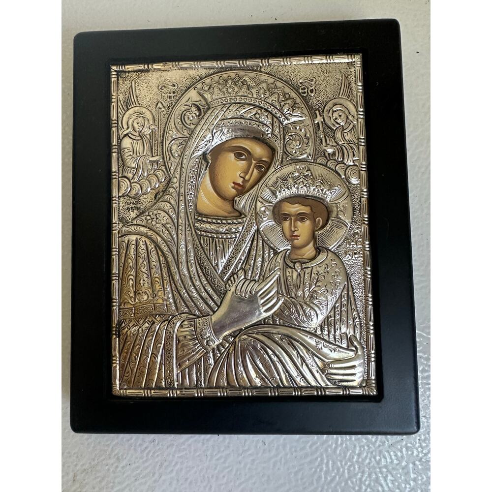 Byzantine Greek Orthodox 950 Pure Silver Icon Virgin Mary Child Jesus 6x5